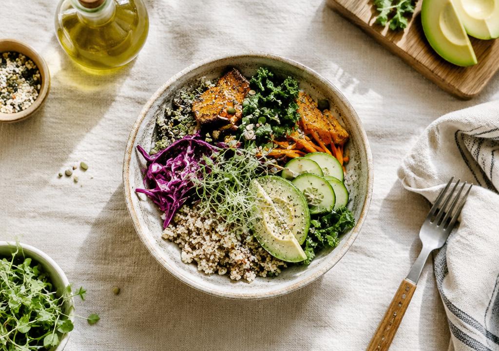 Overhead view of a colorful grain bowl with seasonal vegetables on linen
